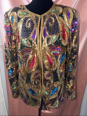 Vintage Women's Laurence Kazar Sequined Beaded Silk Multicolor Paisley Evening L